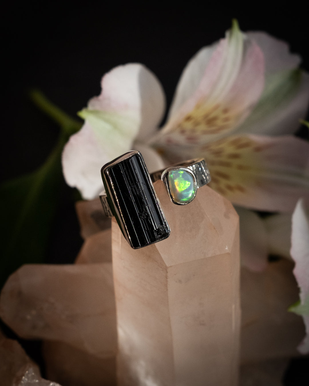 Ethiopian Opal & Black Tourmaline Ring in Sterling Silver - The Healing Pear