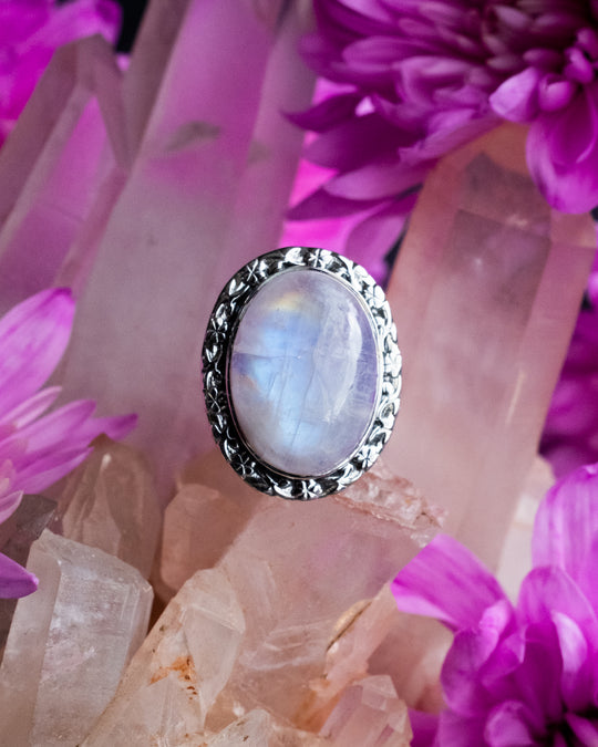 Pink Moonstone Oval Ring in Sterling Silver - Size 6 1/4 US / M 1/2 UK - The Healing Pear