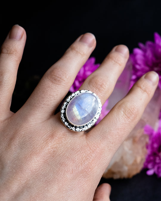 Pink Moonstone Oval Ring in Sterling Silver - Size 6 1/4 US / M 1/2 UK - The Healing Pear