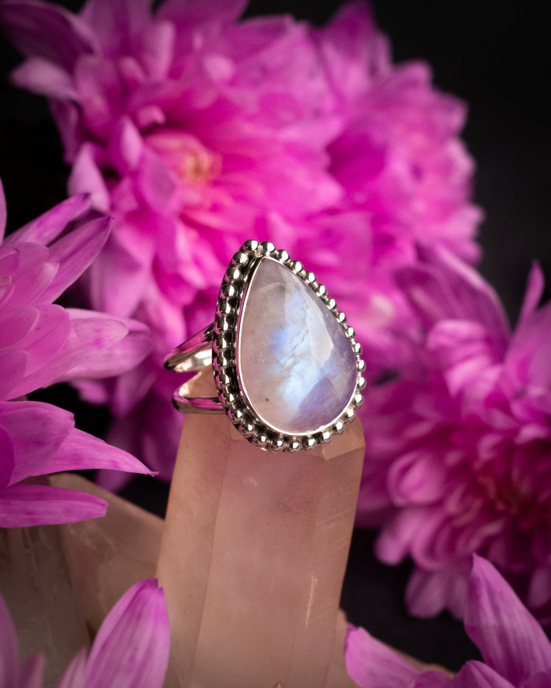 Pink Moonstone Teardrop Ring in Sterling Silver - Size 8 1/4 US / Q 1/2 UK - The Healing Pear