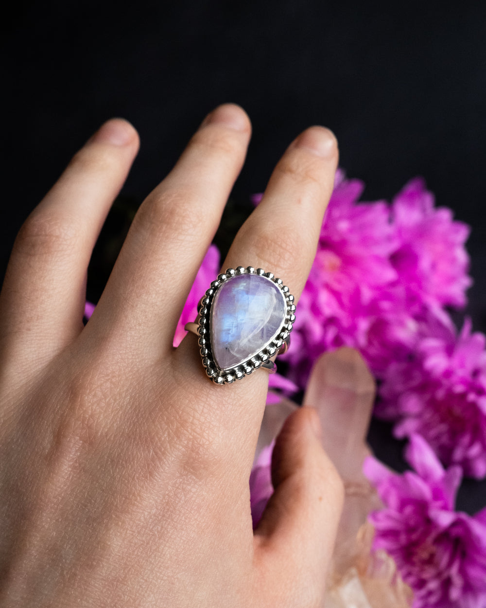 Pink Moonstone Teardrop Ring in Sterling Silver - Size 8 1/4 US / Q 1/2 UK - The Healing Pear