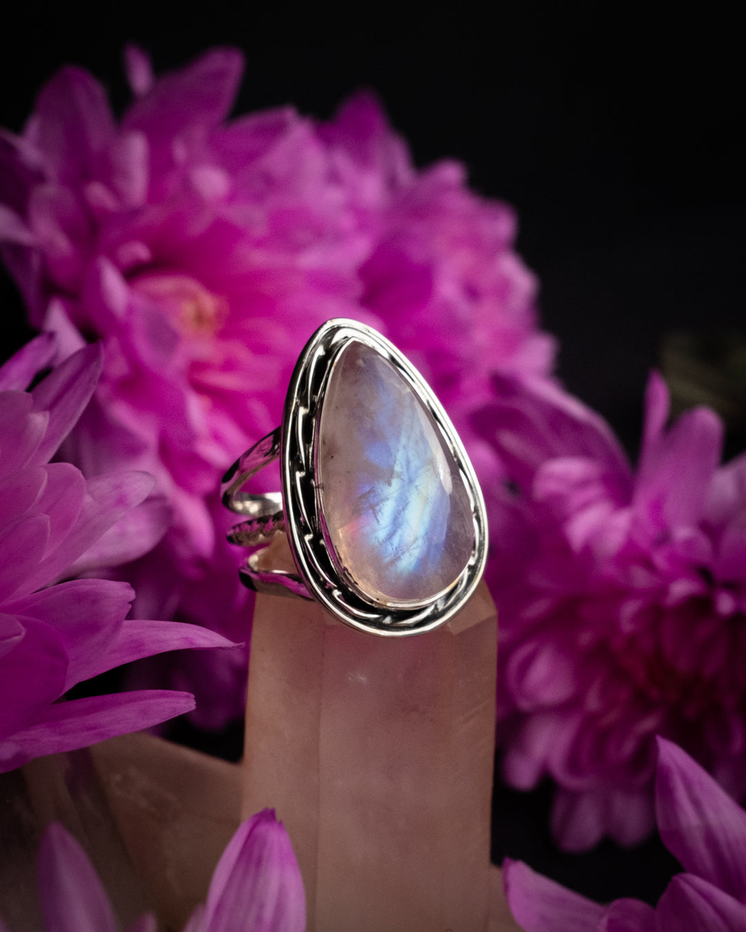 Pink Moonstone Twisted Teardrop Ring in Sterling Silver - Size 8 1/2 US / Q 3/4 UK - The Healing Pear