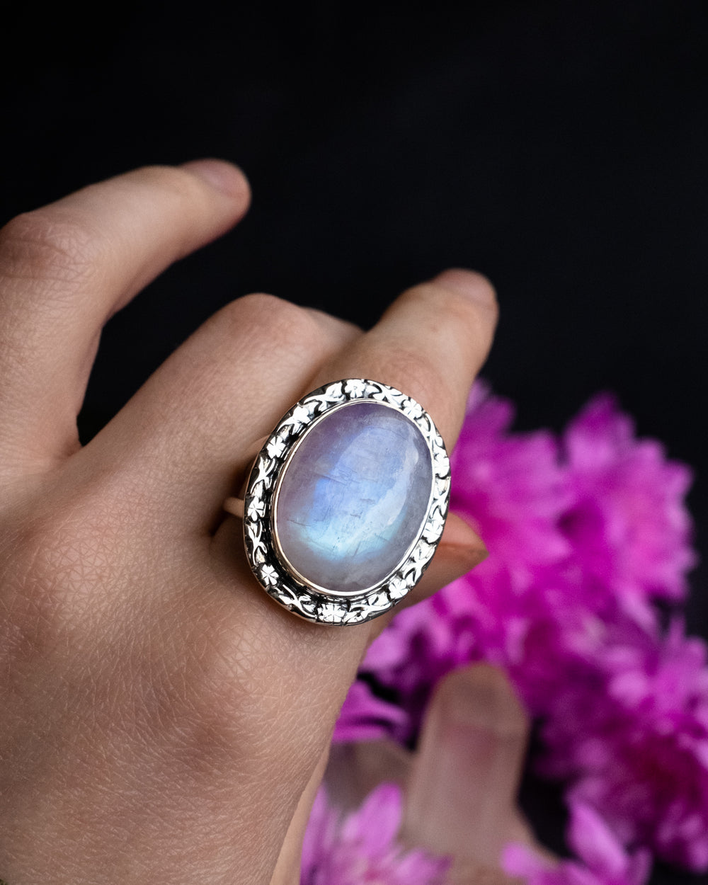 Pink Moonstone Oval Ring in Sterling Silver - Size 9 US / R 3/4 UK - The Healing Pear