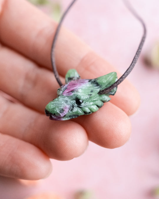 Small Ruby in Zoisite Hand Carved Wolf Necklace - The Healing Pear
