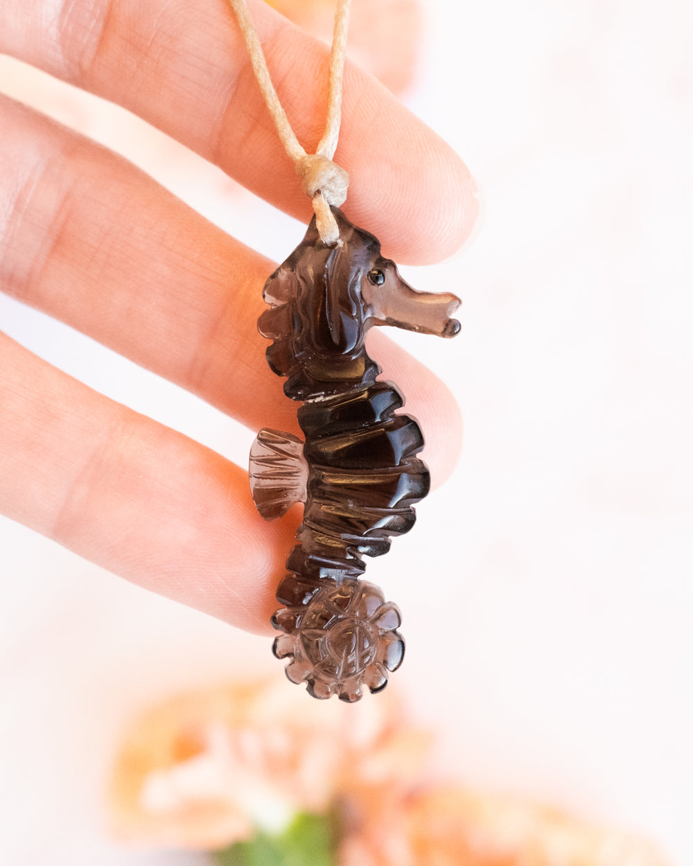 Smoky Quartz Hand Carved Seahorse Necklace - The Healing Pear