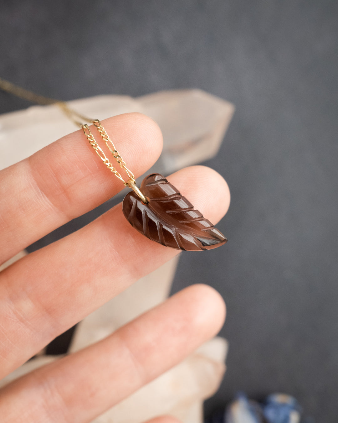 Smoky Quartz Hand Carved Leaf Necklace - The Healing Pear