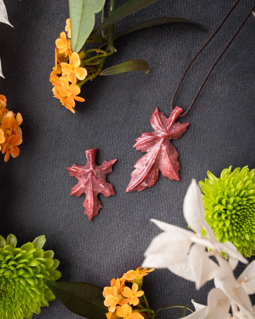 Thulite Hand Carved Leaf Necklace - The Healing Pear