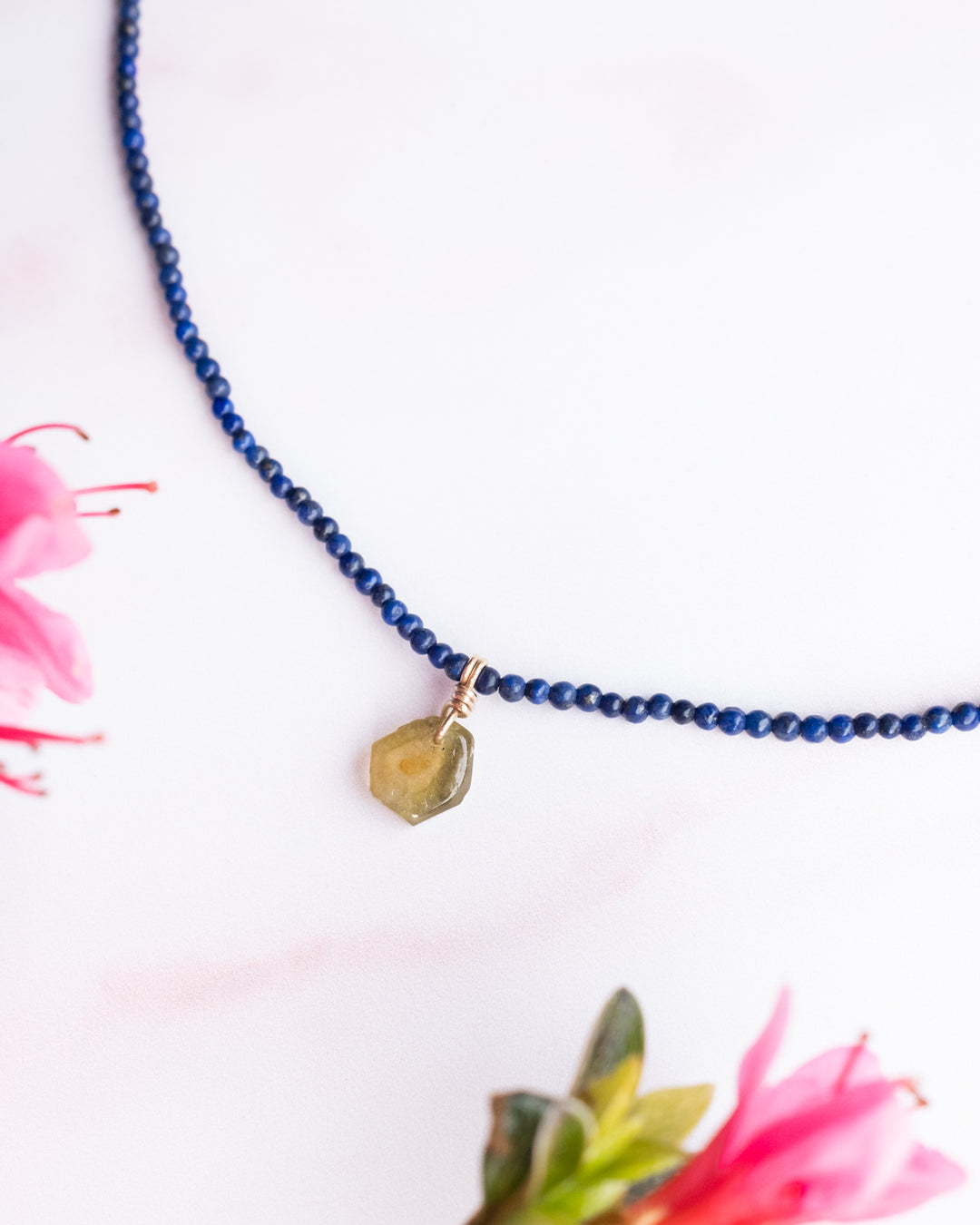 Tourmaline Slice & Lapis Lazuli Recycled 9ct Gold Beaded Necklace - The Healing Pear