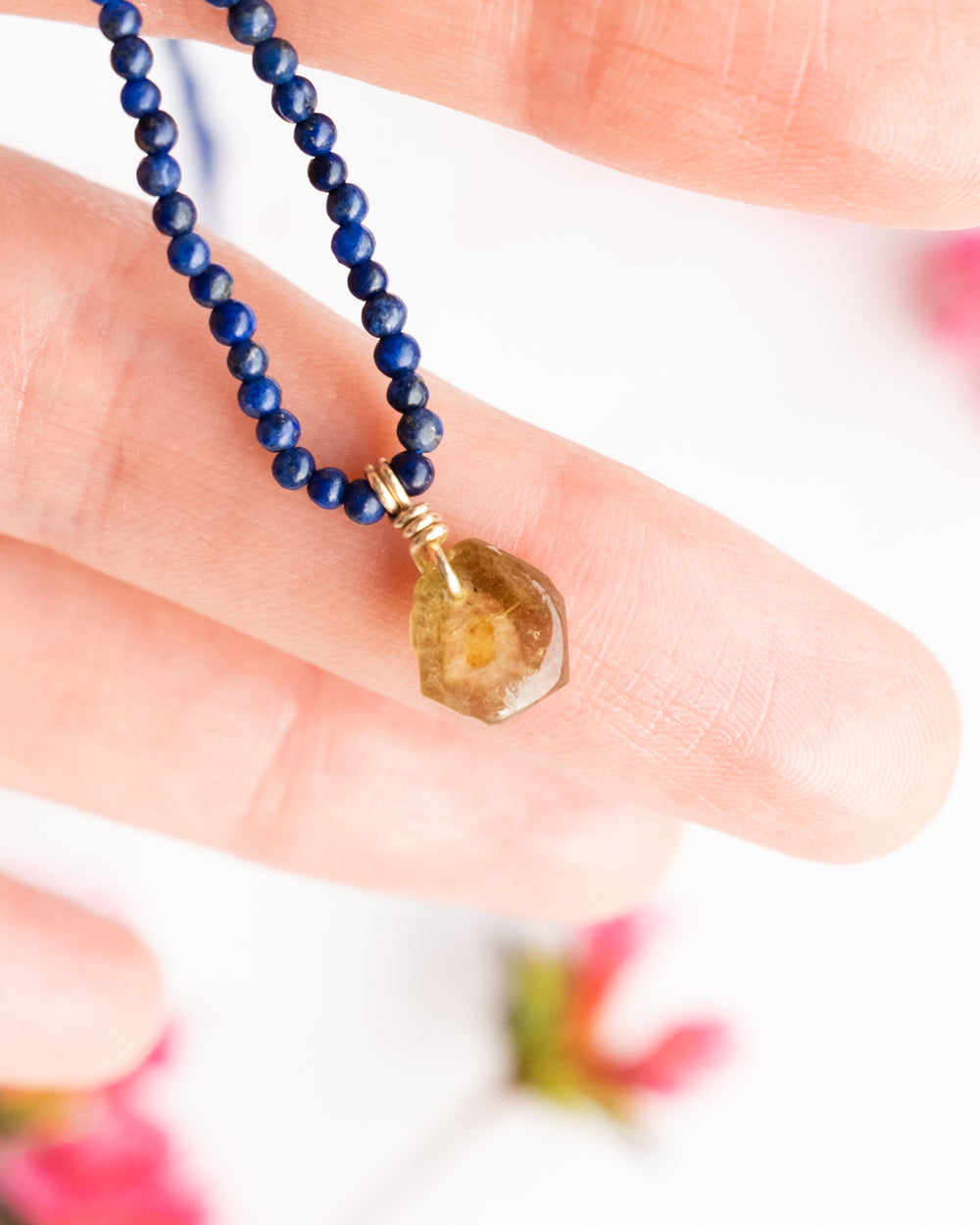 Tourmaline Slice & Lapis Lazuli Recycled 9ct Gold Beaded Necklace - The Healing Pear
