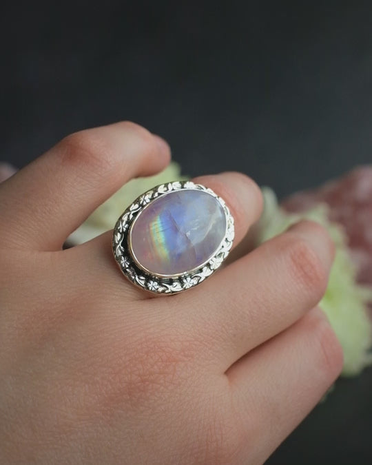 Pink Moonstone Oval Ring in Sterling Silver - Size 6 1/4 US / M 1/2 UK