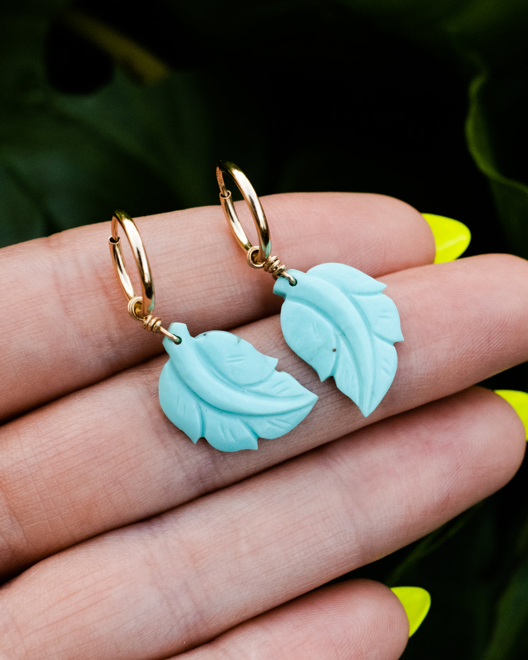 Arizona Turquoise Leaf Hoop Earrings in 14ct Gold Filled - The Healing Pear
