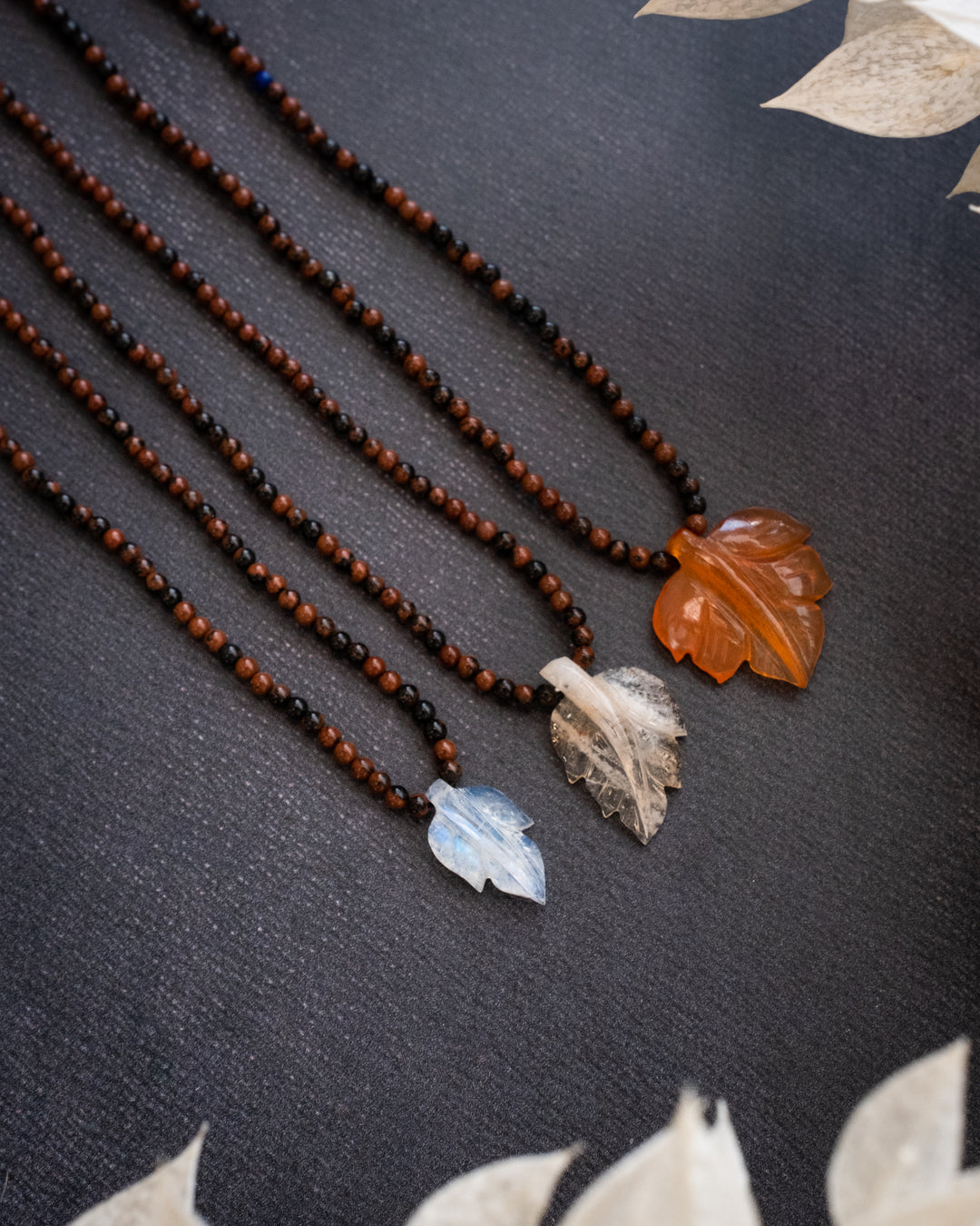 Mahogany Obsidian & Hand Carved Leaf Beaded Necklace - The Healing Pear