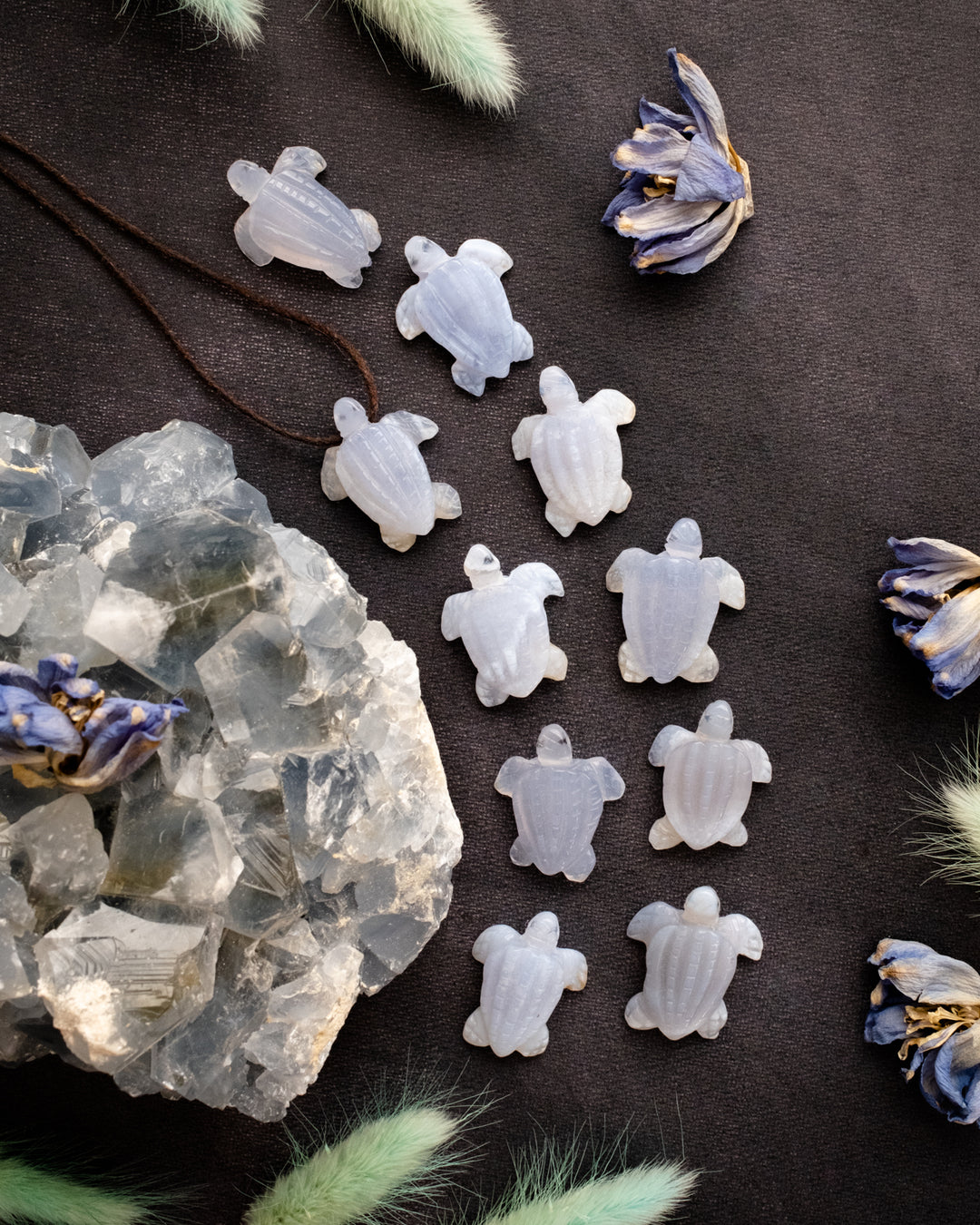Small Blue Lace Agate Hand Carved Leatherback Sea Turtle Necklace - The Healing Pear