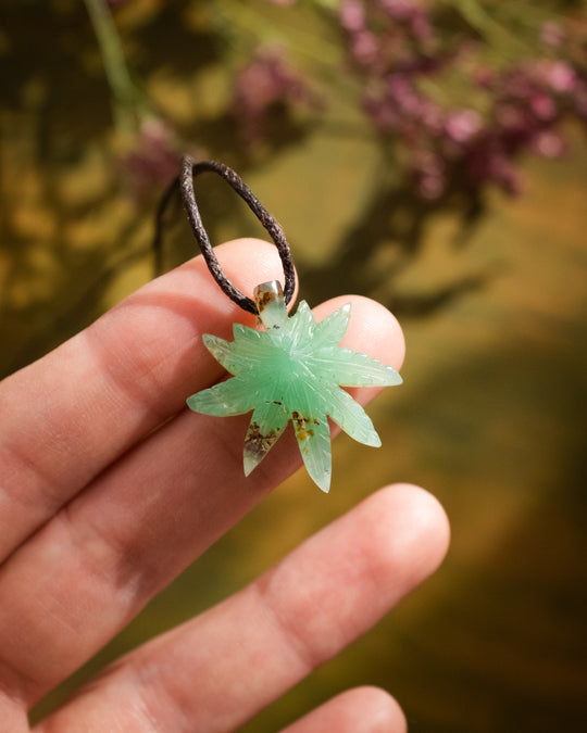 Chrysoprase Hand Carved Hemp Leaf Necklace - The Healing Pear