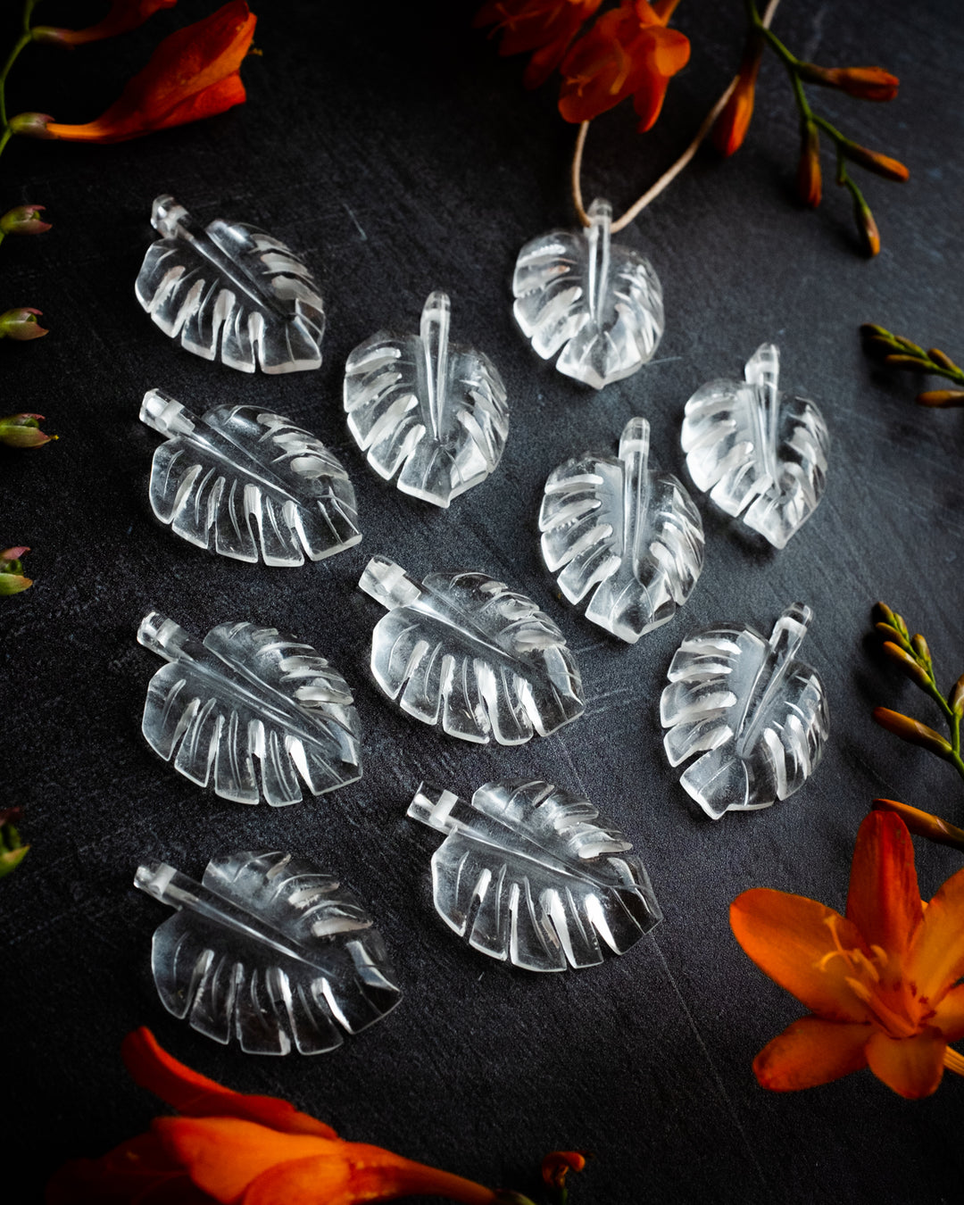 Clear Quartz Hand Carved Monstera / Cheese Plant Necklace - The Healing Pear