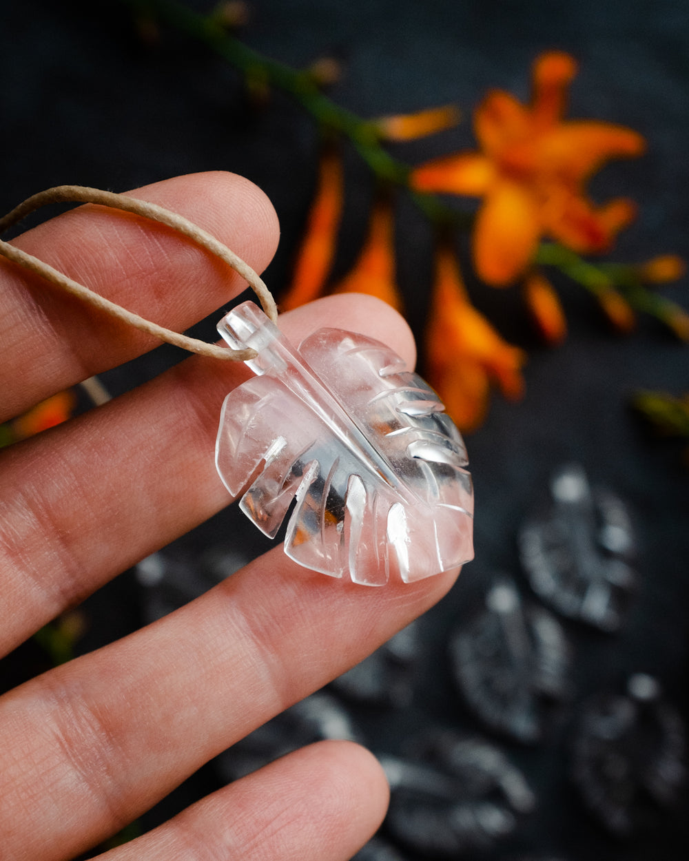 Clear Quartz Hand Carved Monstera / Cheese Plant Necklace - The Healing Pear