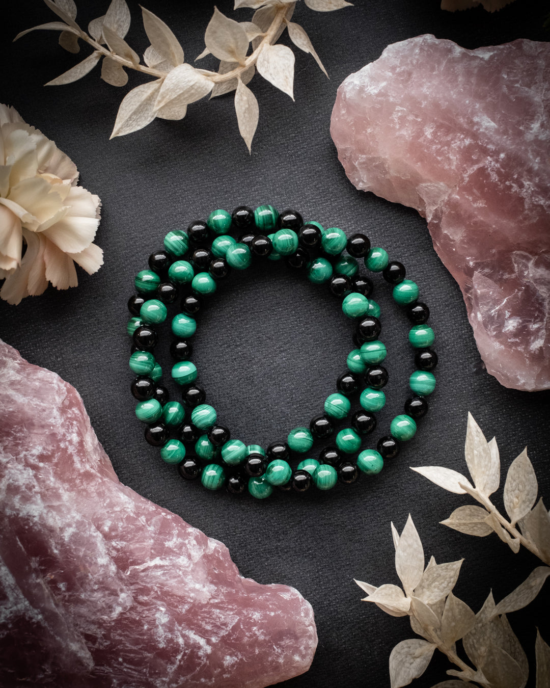 Malachite & Black Tourmaline Round Bead Bracelet 6mm - The Healing Pear