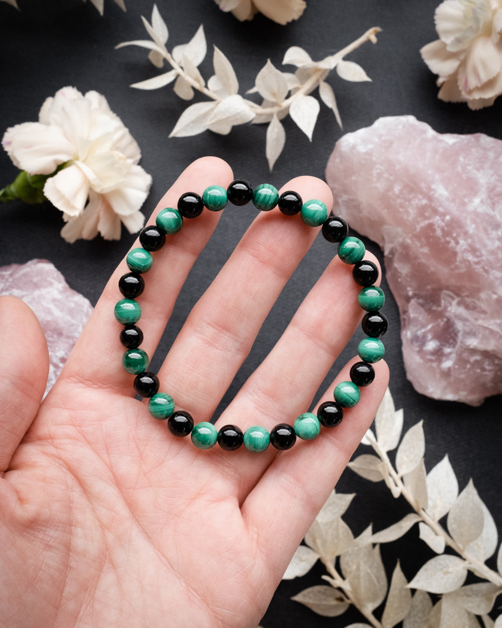 Malachite & Black Tourmaline Round Bead Bracelet 6mm - The Healing Pear