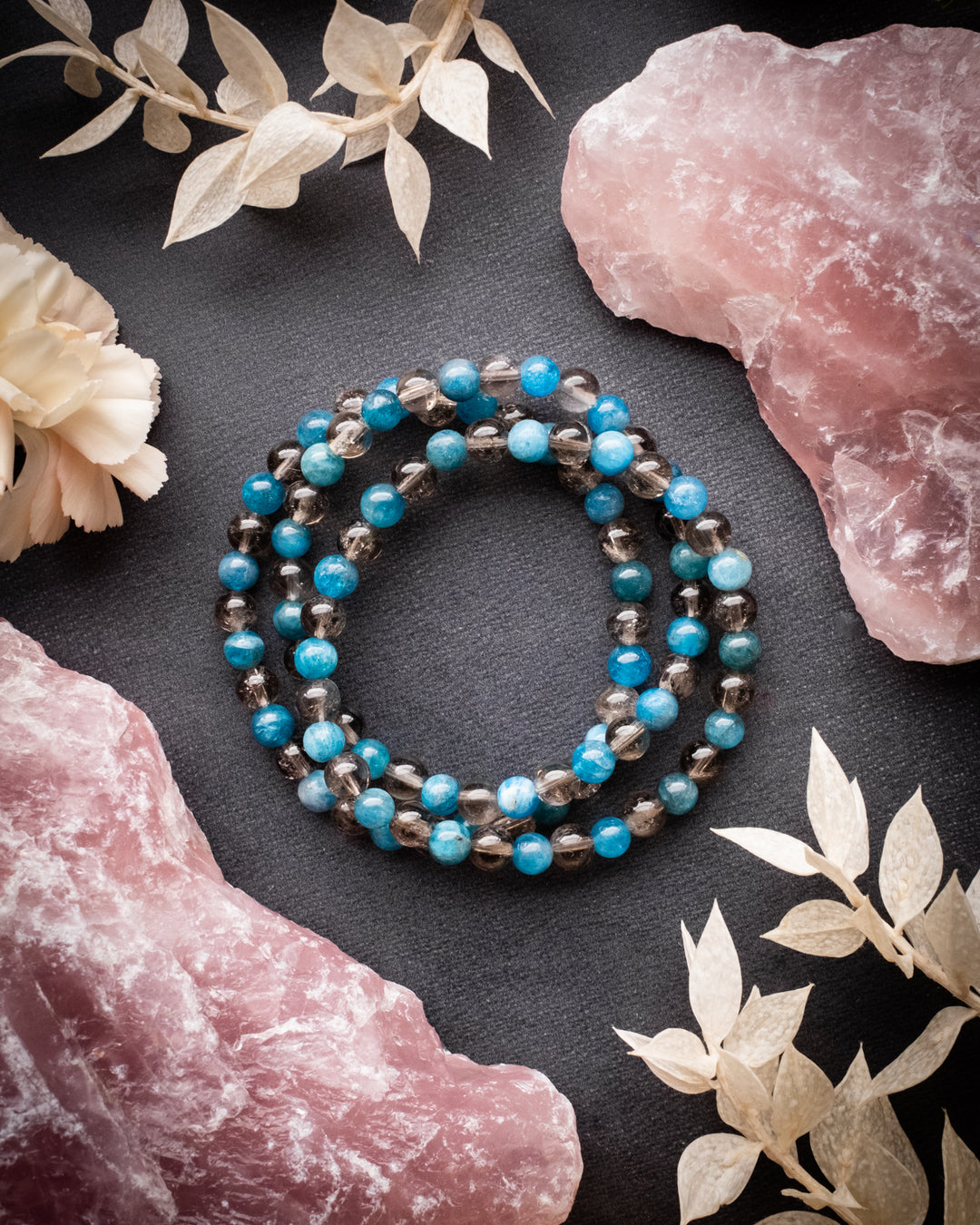 Smoky Quartz & Blue Apatite Round Bead Bracelet 6mm - The Healing Pear