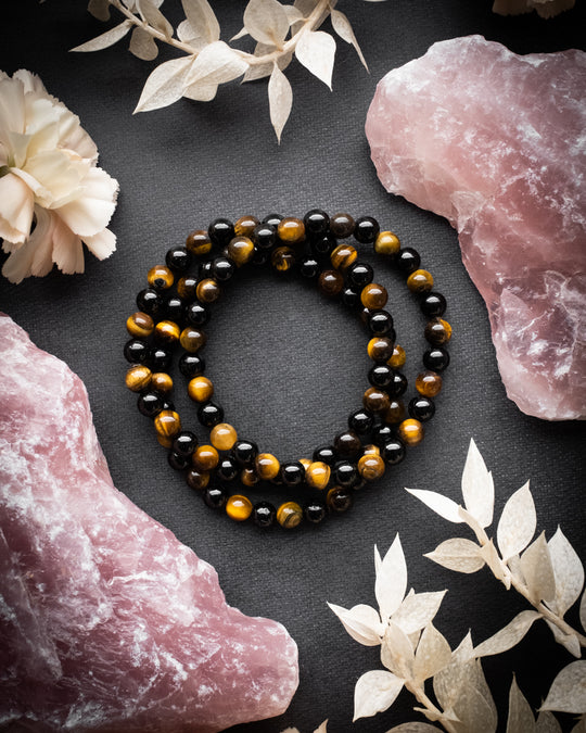 Black Tourmaline & Tiger's Eye Round Bead Bracelet 6mm - The Healing Pear