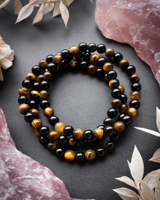 Black Tourmaline & Tiger's Eye Round Bead Bracelet 6mm - The Healing Pear