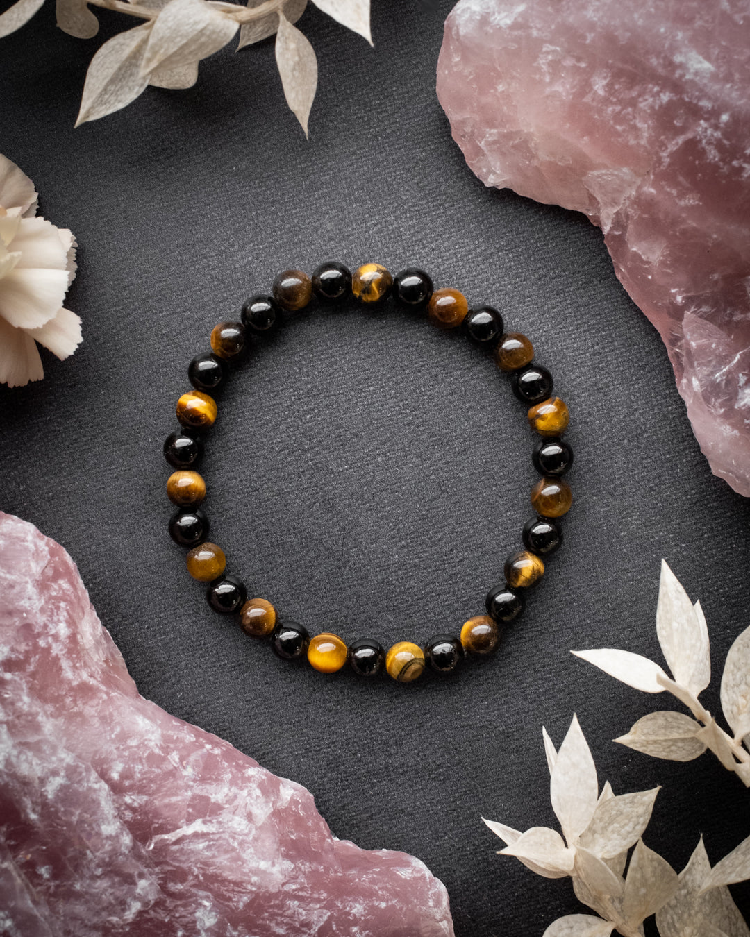 Black Tourmaline & Tiger's Eye Round Bead Bracelet 6mm - The Healing Pear