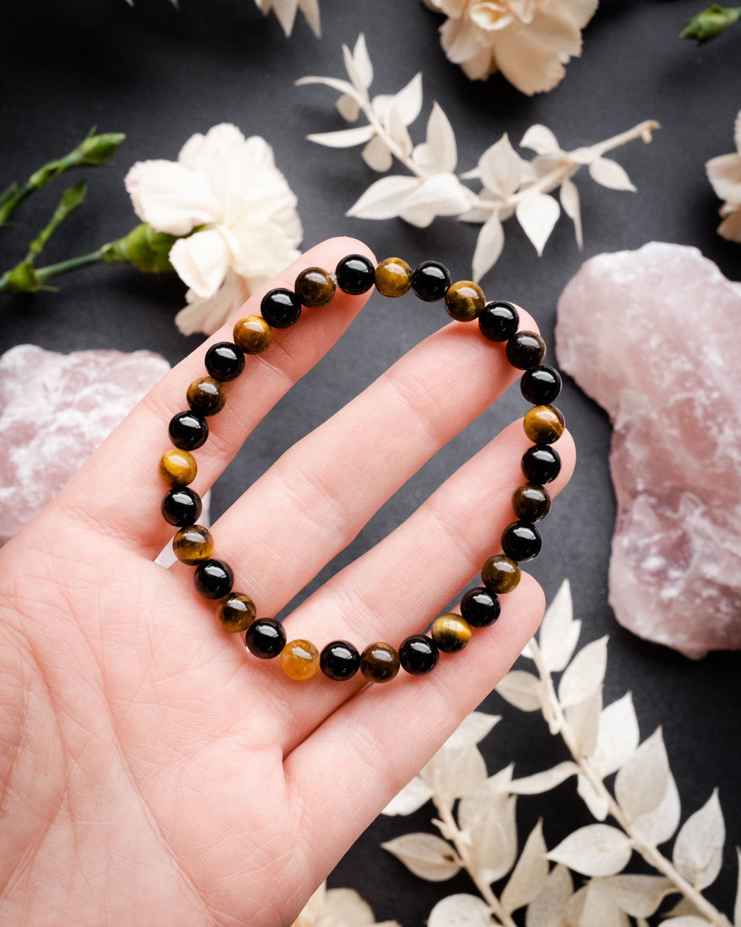 Black Tourmaline & Tiger's Eye Round Bead Bracelet 6mm - The Healing Pear