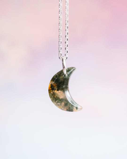 Gemstone Crescent Moon Recycled Sterling Silver Necklace - The Healing Pear