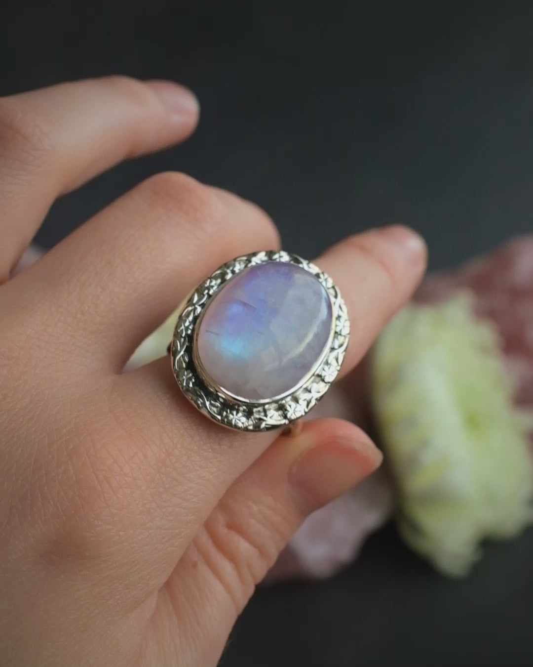 Pink Moonstone Oval Ring in Sterling Silver - Size 9 US / R 3/4 UK