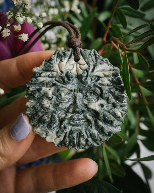 Stonehenge Preseli Bluestone Hand Carved Green Man Necklace - The Healing Pear