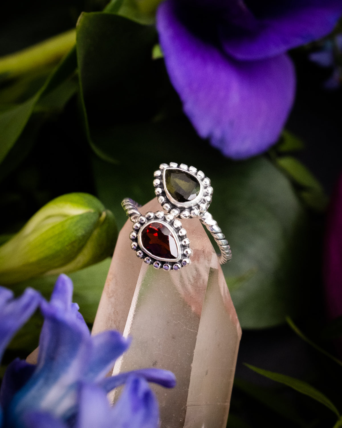 Green Tourmaline Garnet Adjustable Ring in Sterling Silver The Healing Pear
