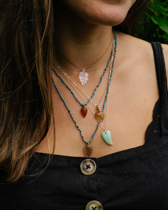 Chrysoprase Leaf, Preseli &amp; Smoky Quartz Recycled 9ct Gold Beaded Necklace - The Healing Pear