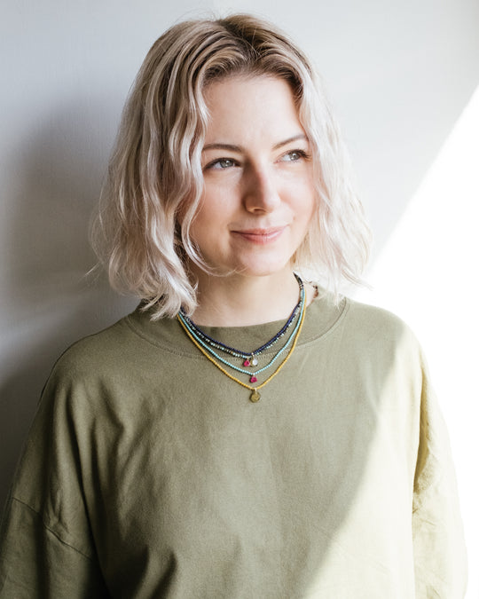 Tourmaline Slice &amp; Lapis Lazuli Recycled 9ct Gold Beaded Necklace - The Healing Pear