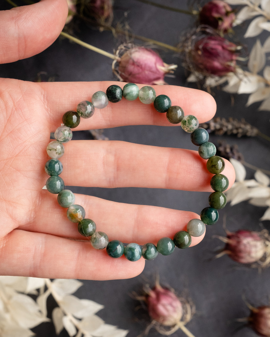 Moss Agate Round Bead Bracelet - The Healing Pear