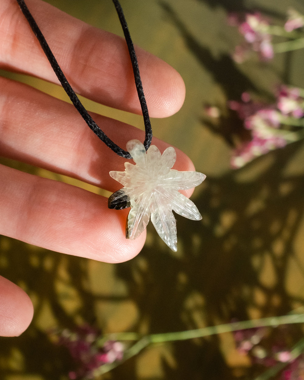 Prehnite Hand Carved Hemp Leaf Necklace - The Healing Pear