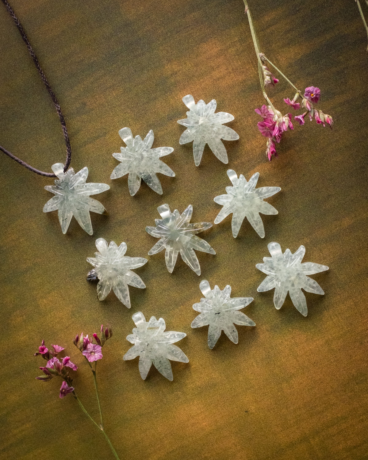 Prehnite Hand Carved Hemp Leaf Necklace - The Healing Pear