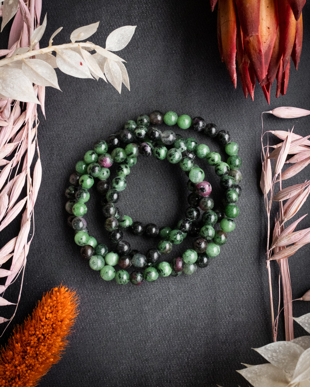 Ruby in Zoisite Round Bead Bracelet - The Healing Pear