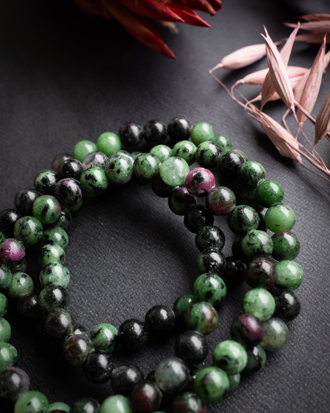 Ruby in Zoisite Round Bead Bracelet - The Healing Pear