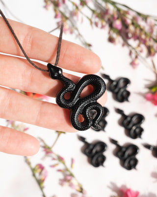 Obsidian Hand Carved Snake Necklace