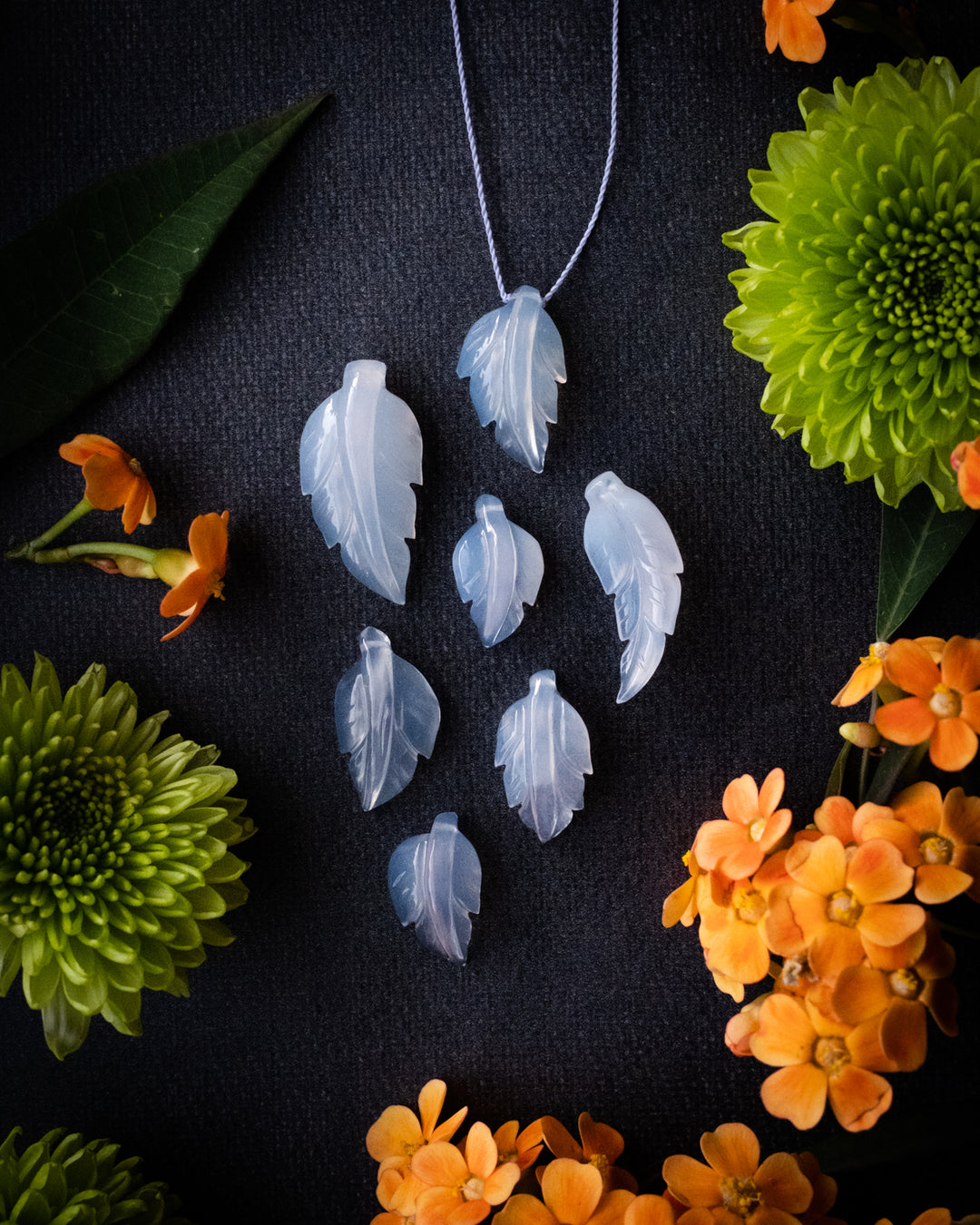 Blue Chalcedony Hand Carved Vegan Silk Leaf Necklace - The Healing Pear