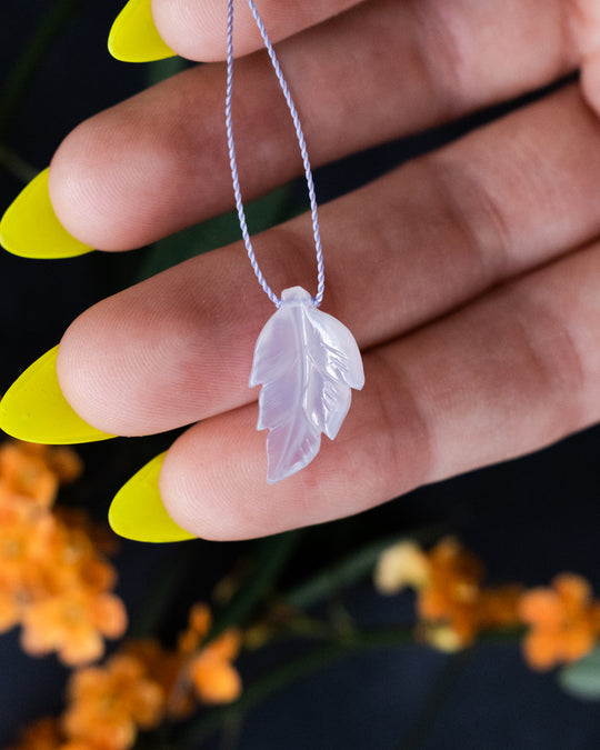 Blue Chalcedony Hand Carved Vegan Silk Leaf Necklace - The Healing Pear