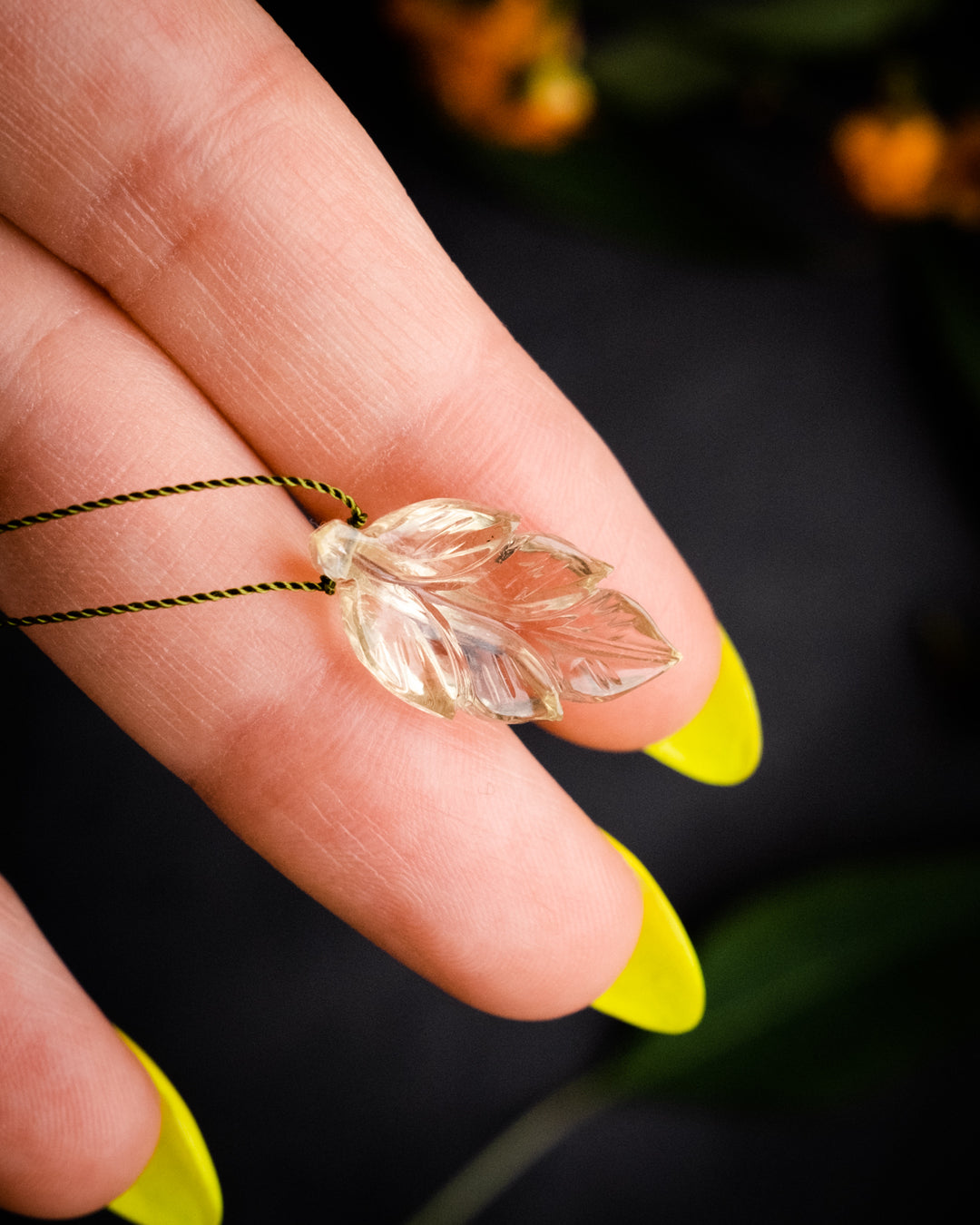 Lemon Quartz Hand Carved Vegan Silk Leaf Necklace - The Healing Pear