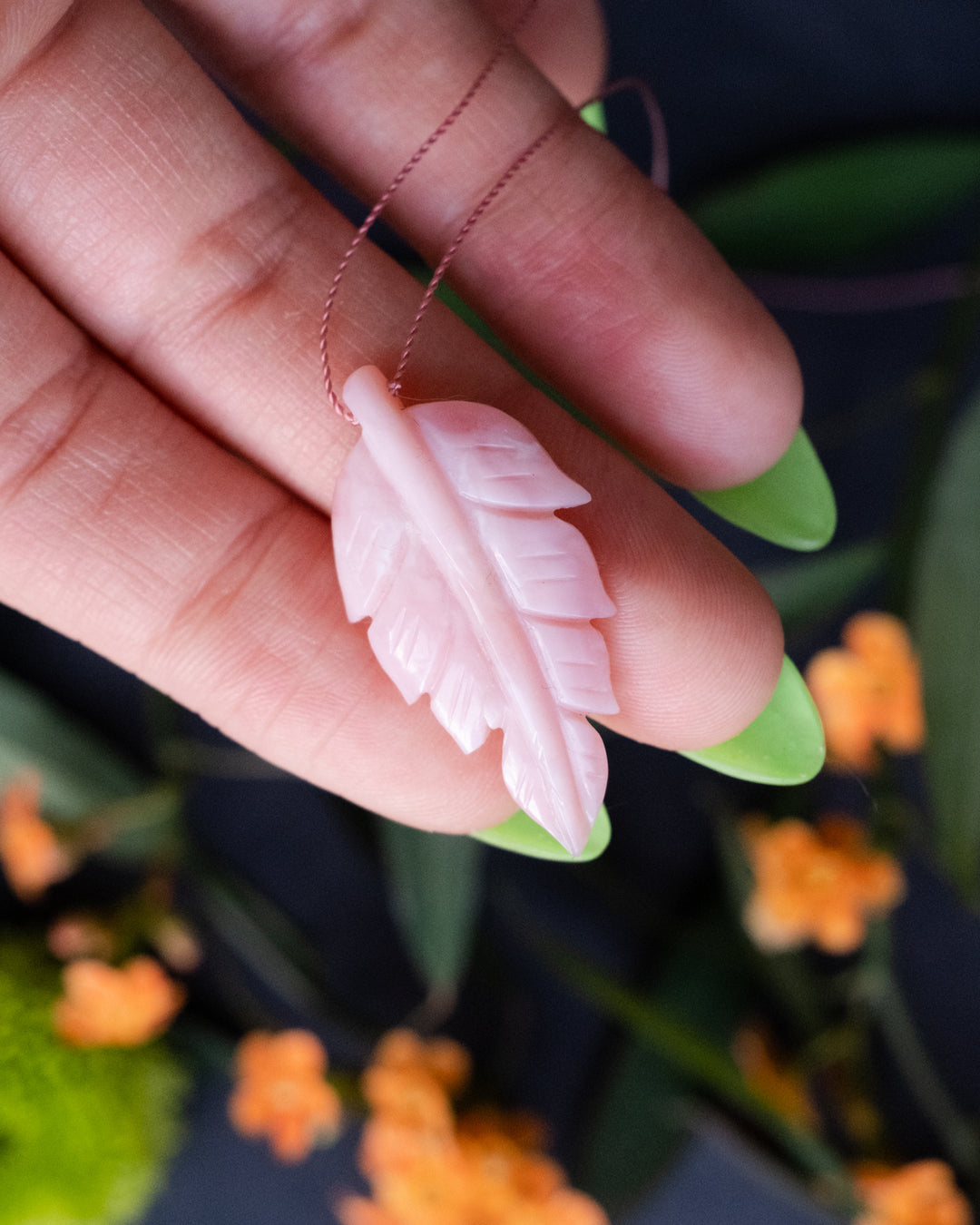 Peruvian Pink Opal Hand Carved Vegan Silk Leaf Necklace - The Healing Pear