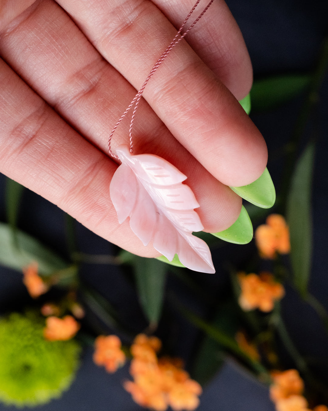 Peruvian Pink Opal Hand Carved Vegan Silk Leaf Necklace - The Healing Pear